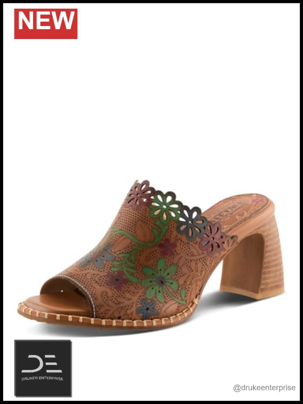 Leather Laser-Cut Slide Sandals Block Heel Slip On Mule